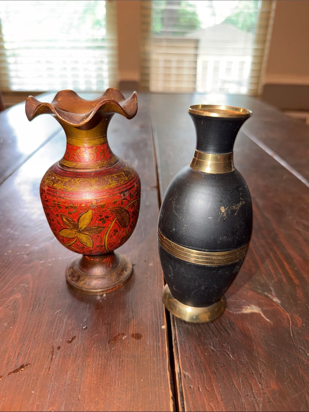 Vintage Brass Vase Set Ruffled Fluted Bulbous Rustic